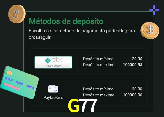 O cassino G77 oferece uma grande variedade de métodos de pagamento